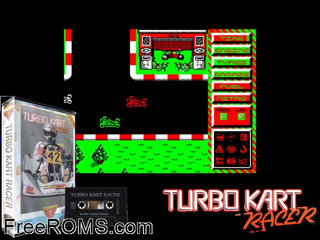Turbo Kart Racer (UK) (1990) Amstrad CPC game showing 3D box cover and gameplay screenshot
