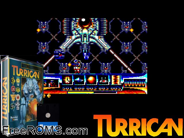 Turrican (UK) (1990) (Disk 1 of 2) Amstrad CPC game showing 3D box cover and gameplay screenshot