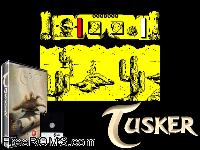 Tusker (UK) (1989) Amstrad CPC game showing 3D box cover and gameplay screenshot
