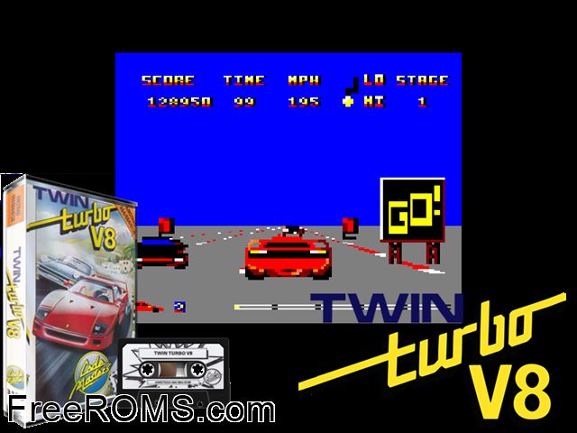 Twin Turbo V8 (UK) (1988) Amstrad CPC game showing 3D box cover and gameplay screenshot