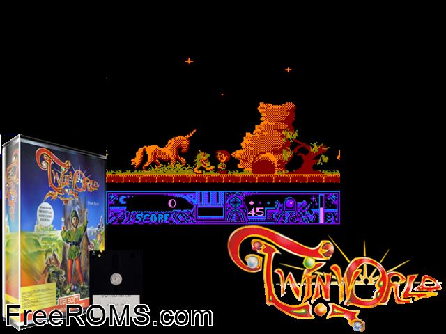 Twin World (UK) (1990) (Disk 2 of 2) Amstrad CPC game showing 3D box cover and gameplay screenshot