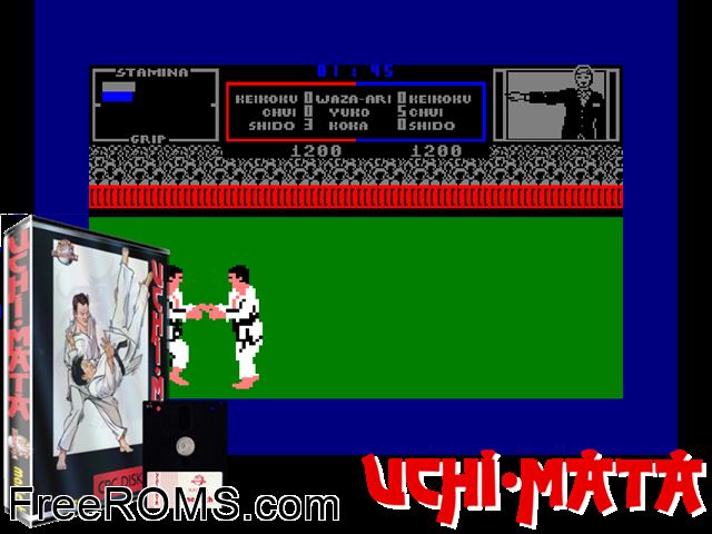 Uchi-Mata Judo (UK) (1987) Amstrad CPC game showing 3D box cover and gameplay screenshot