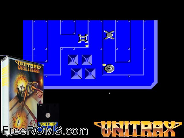Unitrax (UK) (1987) Amstrad CPC game showing 3D box cover and gameplay screenshot