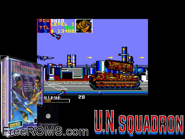 UN Squadron (UK) (1990) (Disk 1 of 2) Amstrad CPC game showing 3D box cover and gameplay screenshot