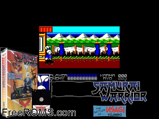 Usagi Yo Jimbo - Samurai Warrior (UK) (1988) Amstrad CPC game showing 3D box cover and gameplay screenshot
