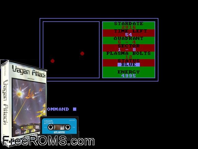 Vagan Attack (UK) (1985) Amstrad CPC game showing 3D box cover and gameplay screenshot
