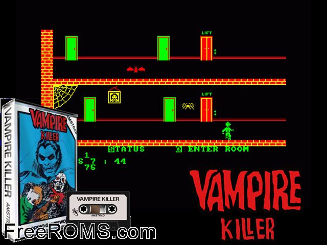 Vampire Killer (UK) (1984) Amstrad CPC game showing 3D box cover and gameplay screenshot