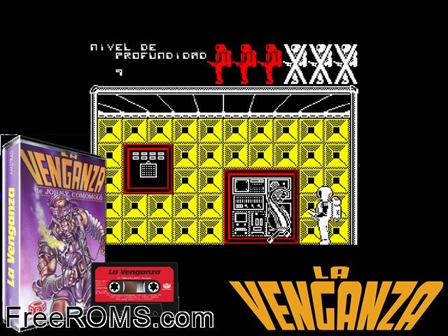 Venganza (S) (1986) Amstrad CPC game showing 3D box cover and gameplay screenshot