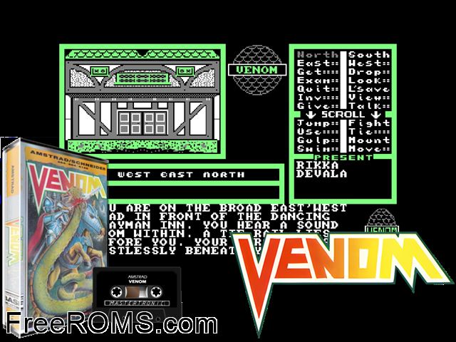 Venom (UK) (1988) Amstrad CPC game showing 3D box cover and gameplay screenshot