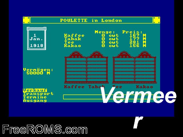 Vermeer (G) (1988) Amstrad CPC game showing 3D box cover and gameplay screenshot