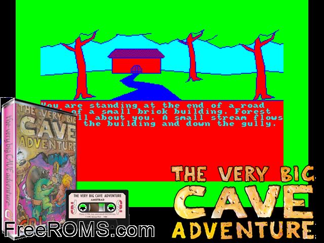 Very Big Cave Adventure, The (UK) (1986) Amstrad CPC game showing 3D box cover and gameplay screenshot