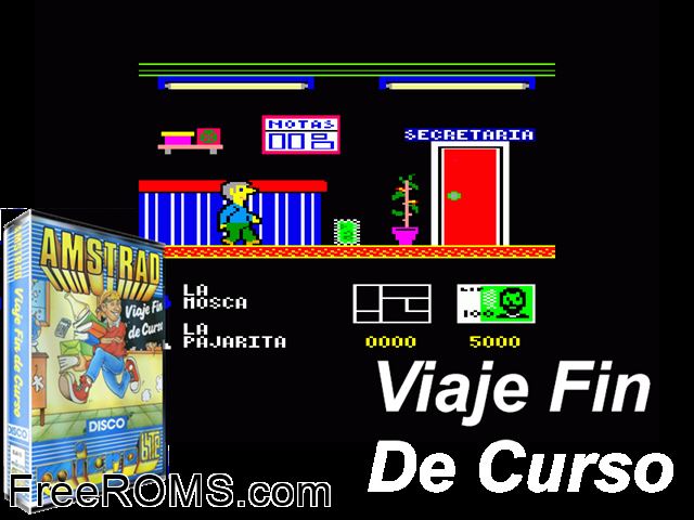 Viaje Fin de Curso (S) (1986) Amstrad CPC game showing 3D box cover and gameplay screenshot