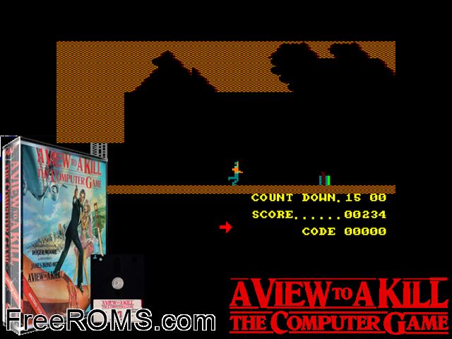 View to a Kill, A (UK) (1985) Amstrad CPC game showing 3D box cover and gameplay screenshot
