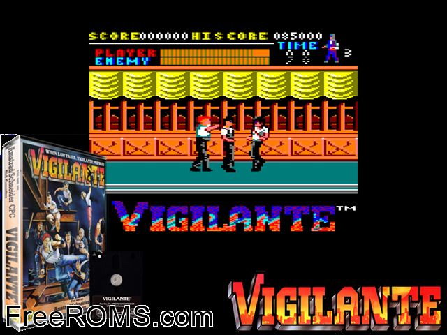 Vigilante (UK) (1989) Amstrad CPC game showing 3D box cover and gameplay screenshot