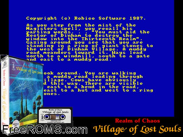 Village of the Lost Souls, The (UK) (1987) Amstrad CPC game showing 3D box cover and gameplay screenshot
