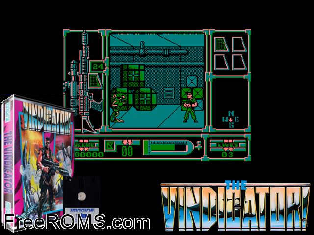 Vindicator, The (UK) (1988) Amstrad CPC game showing 3D box cover and gameplay screenshot