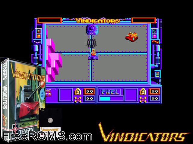 Vindicators (UK) (1988) Amstrad CPC game showing 3D box cover and gameplay screenshot