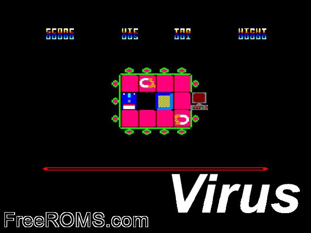 Virus (F) (1990) Amstrad CPC game showing 3D box cover and gameplay screenshot