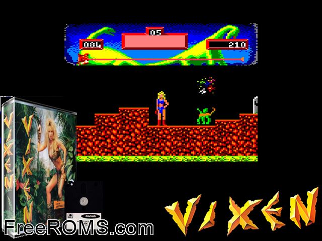 Vixen (UK) (1988) Amstrad CPC game showing 3D box cover and gameplay screenshot