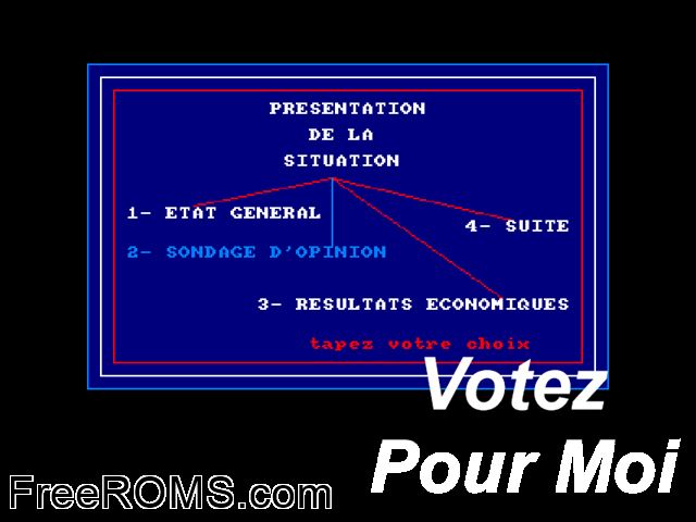 Votez Pour Moi (F) (1985) Amstrad CPC game showing 3D box cover and gameplay screenshot
