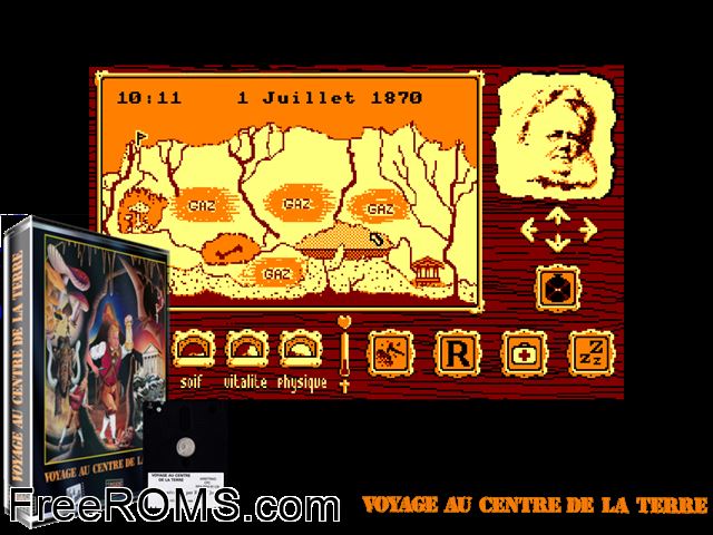 Voyage au Centre de la Terre (F) (1988) (Disk 1 of 2) Amstrad CPC game showing 3D box cover and gameplay screenshot
