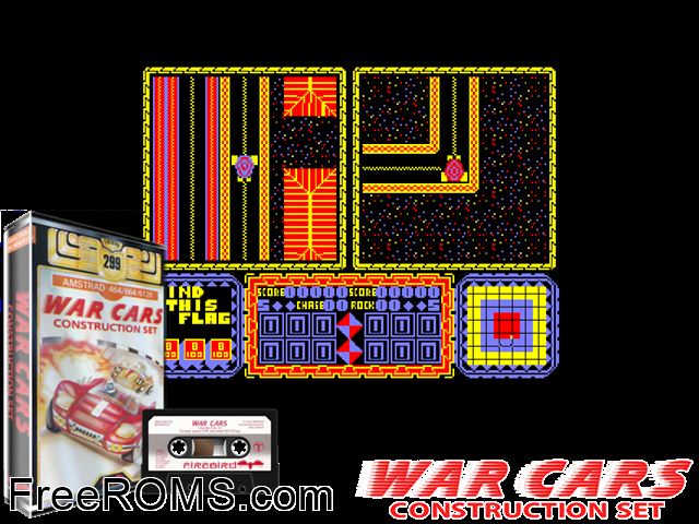 War Cars Construction Set (UK) (1987) Amstrad CPC game showing 3D box cover and gameplay screenshot