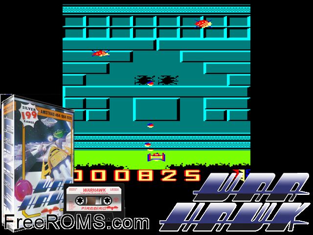 War Hawk (UK) (1988) Amstrad CPC game showing 3D box cover and gameplay screenshot