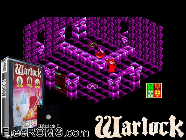 Warlock (UK) (1987) Amstrad CPC game showing 3D box cover and gameplay screenshot