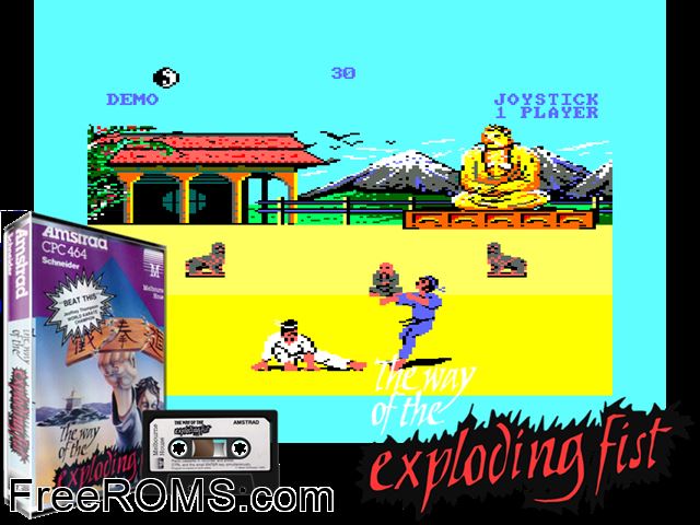 Way of the Exploding Fist, The (UK) (1985) Amstrad CPC game showing 3D box cover and gameplay screenshot