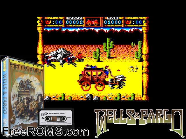 Wells and Fargo (S) (1988) Amstrad CPC game showing 3D box cover and gameplay screenshot