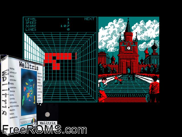 Welltris (UK) (1990) Amstrad CPC game showing 3D box cover and gameplay screenshot