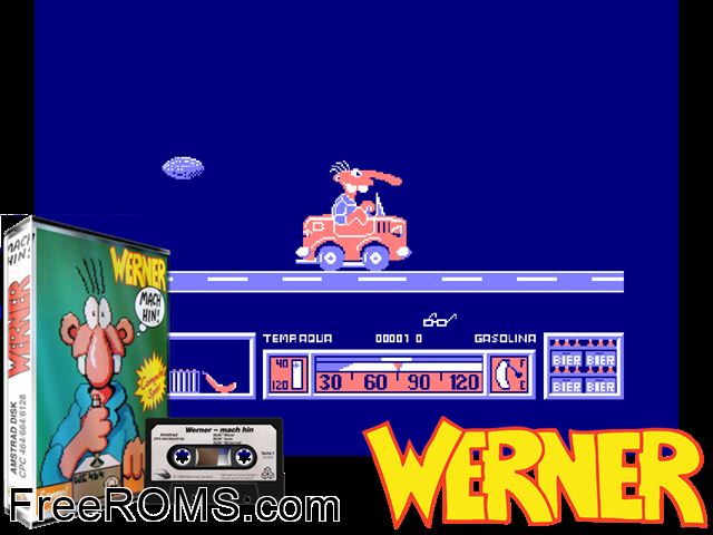 Werner (G) (1987) (Disk 2 of 2) Amstrad CPC game showing 3D box cover and gameplay screenshot