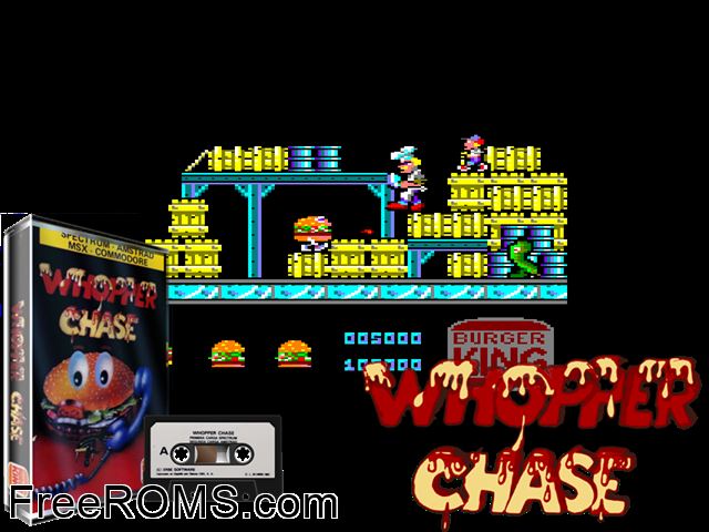 Whopper Chase (S) (19xx) Amstrad CPC game showing 3D box cover and gameplay screenshot