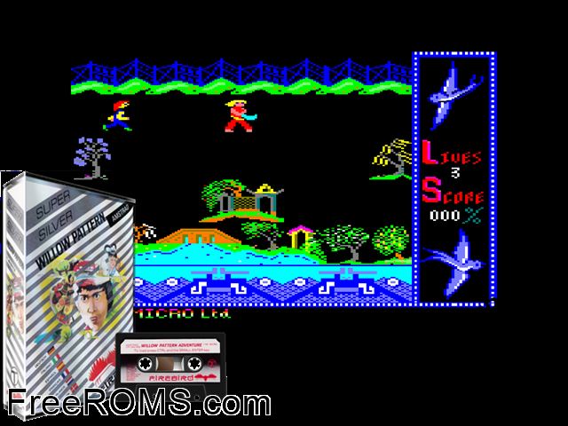 Willow Pattern, The (UK) (1985) Amstrad CPC game showing 3D box cover and gameplay screenshot
