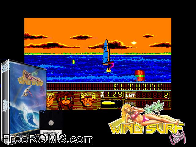 Windsurf Willy (F) (1989) Amstrad CPC game showing 3D box cover and gameplay screenshot