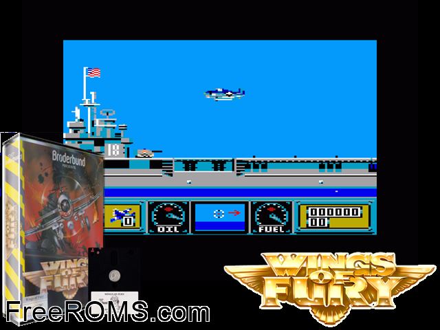 Wings of Fury (F) (1989) Amstrad CPC game showing 3D box cover and gameplay screenshot