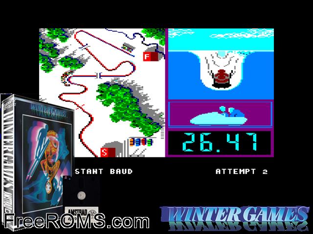 Winter Games (UK) (1986) (Disk 2 of 2) Amstrad CPC game showing 3D box cover and gameplay screenshot