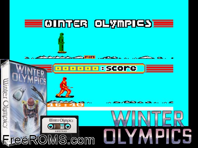 Winter Olympics (UK) (1986) Amstrad CPC game showing 3D box cover and gameplay screenshot