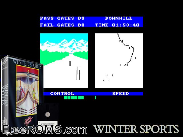 Winter Sports (UK) (1985) Amstrad CPC game showing 3D box cover and gameplay screenshot