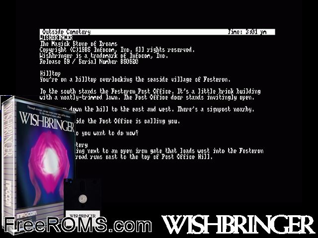 Wishbringer (UK) (1985) Amstrad CPC game showing 3D box cover and gameplay screenshot