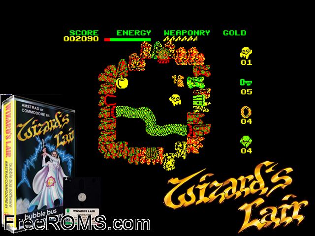 Wizard's Lair (UK) (1985) Amstrad CPC game showing 3D box cover and gameplay screenshot