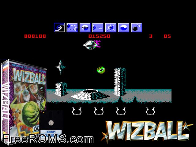 Wizball (UK) (1987) Amstrad CPC game showing 3D box cover and gameplay screenshot