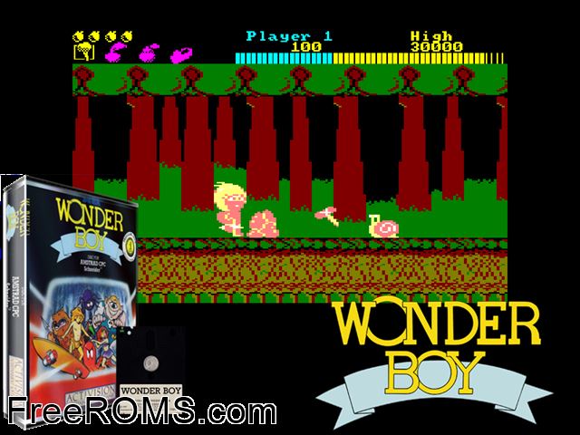Wonderboy (UK) (1987) Amstrad CPC game showing 3D box cover and gameplay screenshot