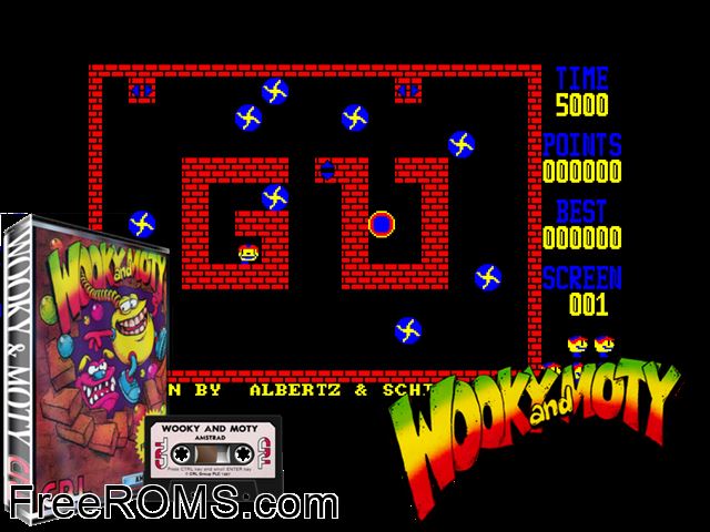 Wooky and Moty (UK) (1987) Amstrad CPC game showing 3D box cover and gameplay screenshot