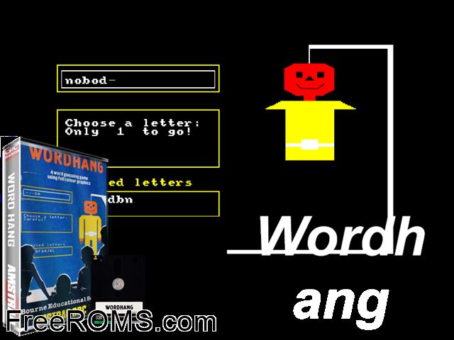 Word Hang (UK) (1984) Amstrad CPC game showing 3D box cover and gameplay screenshot
