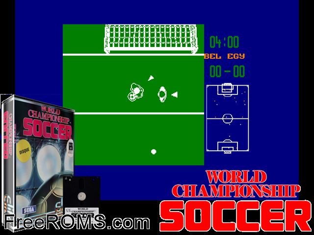 World Championship Soccer (UK) (1990) Amstrad CPC game showing 3D box cover and gameplay screenshot