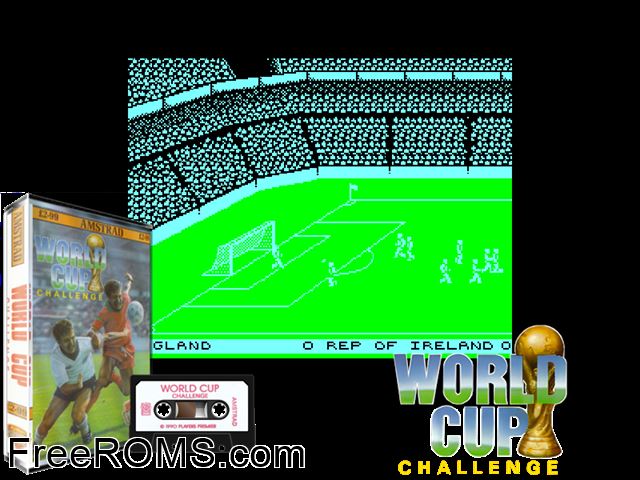 World Cup Challenge (UK) (1990) Amstrad CPC game showing 3D box cover and gameplay screenshot
