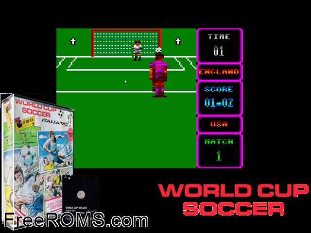 World Cup Soccer 90 - Italy 90 (UK) (1988) Amstrad CPC game showing 3D box cover and gameplay screenshot