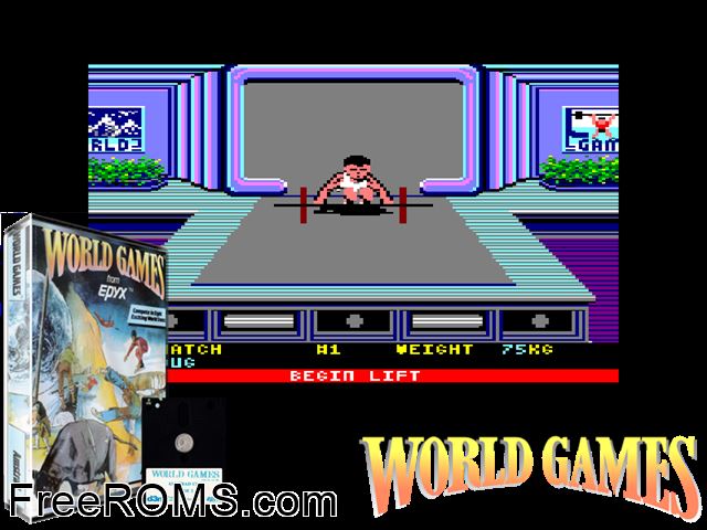 World Games (UK) (1989) (Disk 1 of 2) [h1] Amstrad CPC game showing 3D box cover and gameplay screenshot