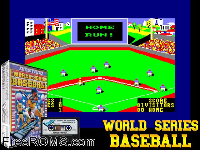 World Series Baseball (UK) (1985) Amstrad CPC game showing 3D box cover and gameplay screenshot